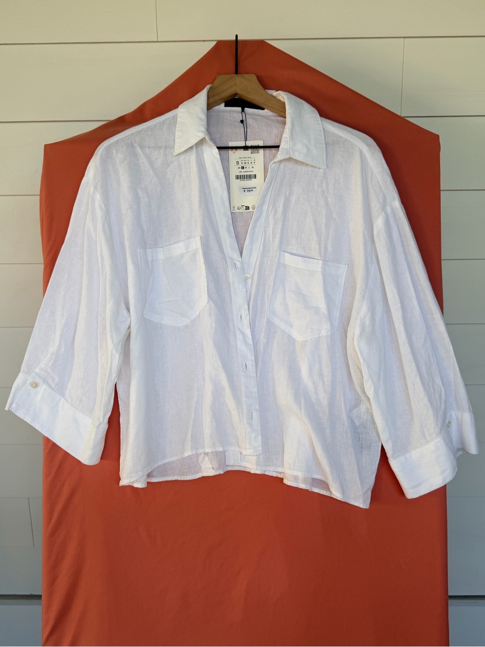 NWT Zara White Linen Blend Oversized Button Down Shirt Coastal Size S